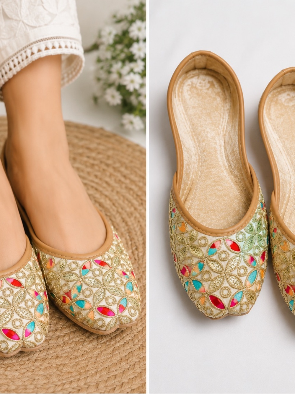 Embroidered Gold Jutti Flats with Multicolor Inlay - Women Shoes